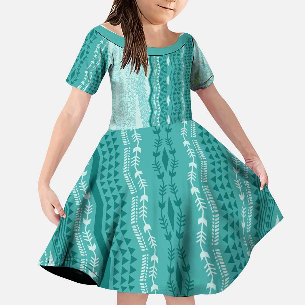 Vintage Teal Hawaiian Traditional Kapa Mix Flowers Lei Family Matching Off Shoulder Short Dress and Hawaiian Shirt