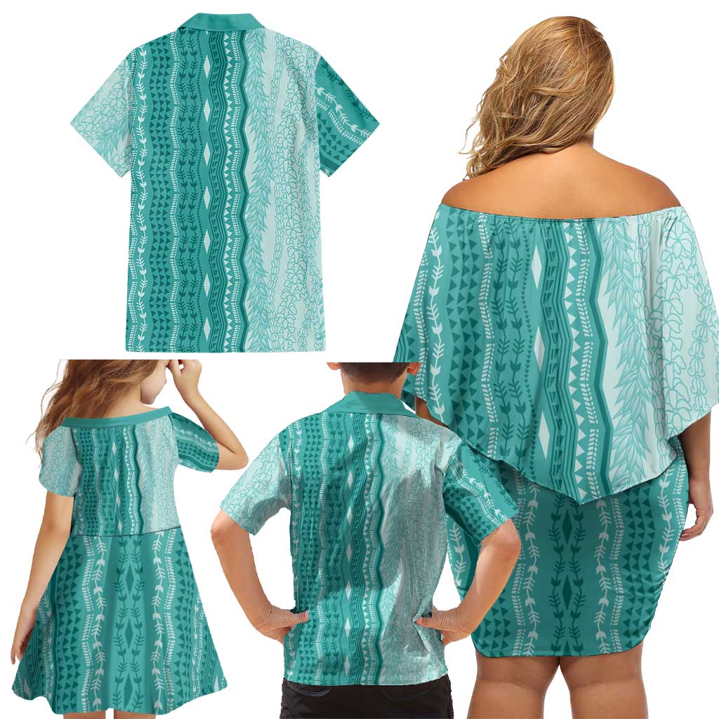 Vintage Teal Hawaiian Traditional Kapa Mix Flowers Lei Family Matching Off Shoulder Short Dress and Hawaiian Shirt