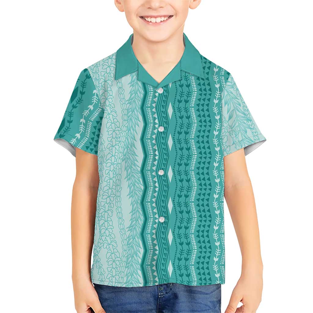Vintage Teal Hawaiian Traditional Kapa Mix Flowers Lei Family Matching Off Shoulder Short Dress and Hawaiian Shirt