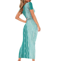Vintage Teal Hawaiian Traditional Kapa Mix Flowers Lei Family Matching Short Sleeve Bodycon Dress and Hawaiian Shirt