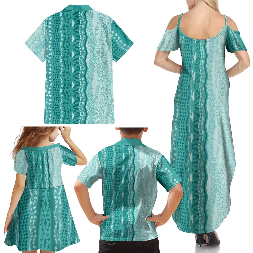 Vintage Teal Hawaiian Traditional Kapa Mix Flowers Lei Family Matching Summer Maxi Dress and Hawaiian Shirt
