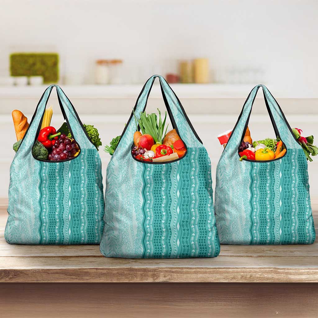 Vintage Teal Hawaiian Traditional Kapa Mix Flowers Lei Grocery Bag