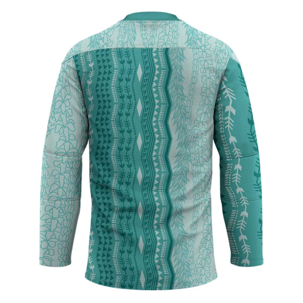 Vintage Teal Hawaiian Traditional Kapa Mix Flowers Lei Hockey Jersey