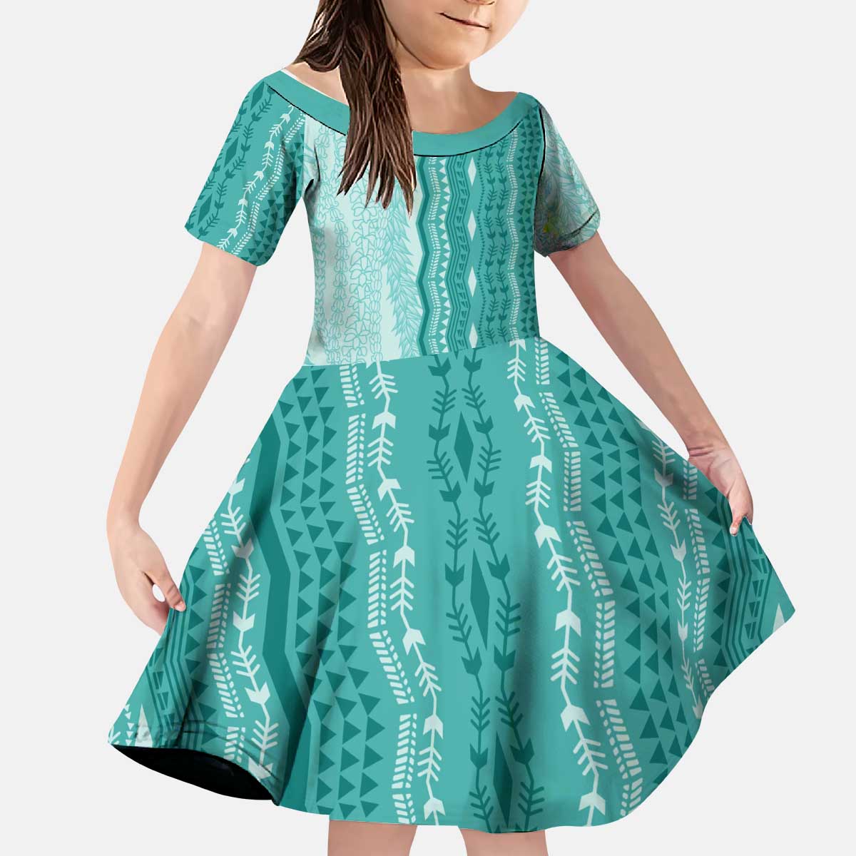 Vintage Teal Hawaiian Traditional Kapa Mix Flowers Lei Kid Short Sleeve Dress LT7 KID Teal - Polynesian Pride