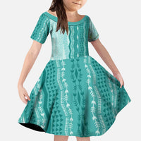 Vintage Teal Hawaiian Traditional Kapa Mix Flowers Lei Kid Short Sleeve Dress LT7 KID Teal - Polynesian Pride