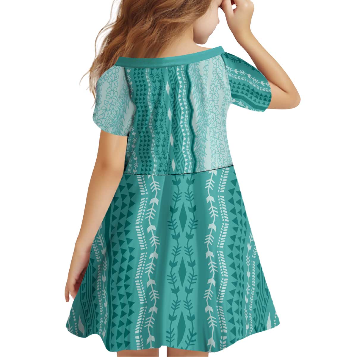Vintage Teal Hawaiian Traditional Kapa Mix Flowers Lei Kid Short Sleeve Dress LT7 - Polynesian Pride
