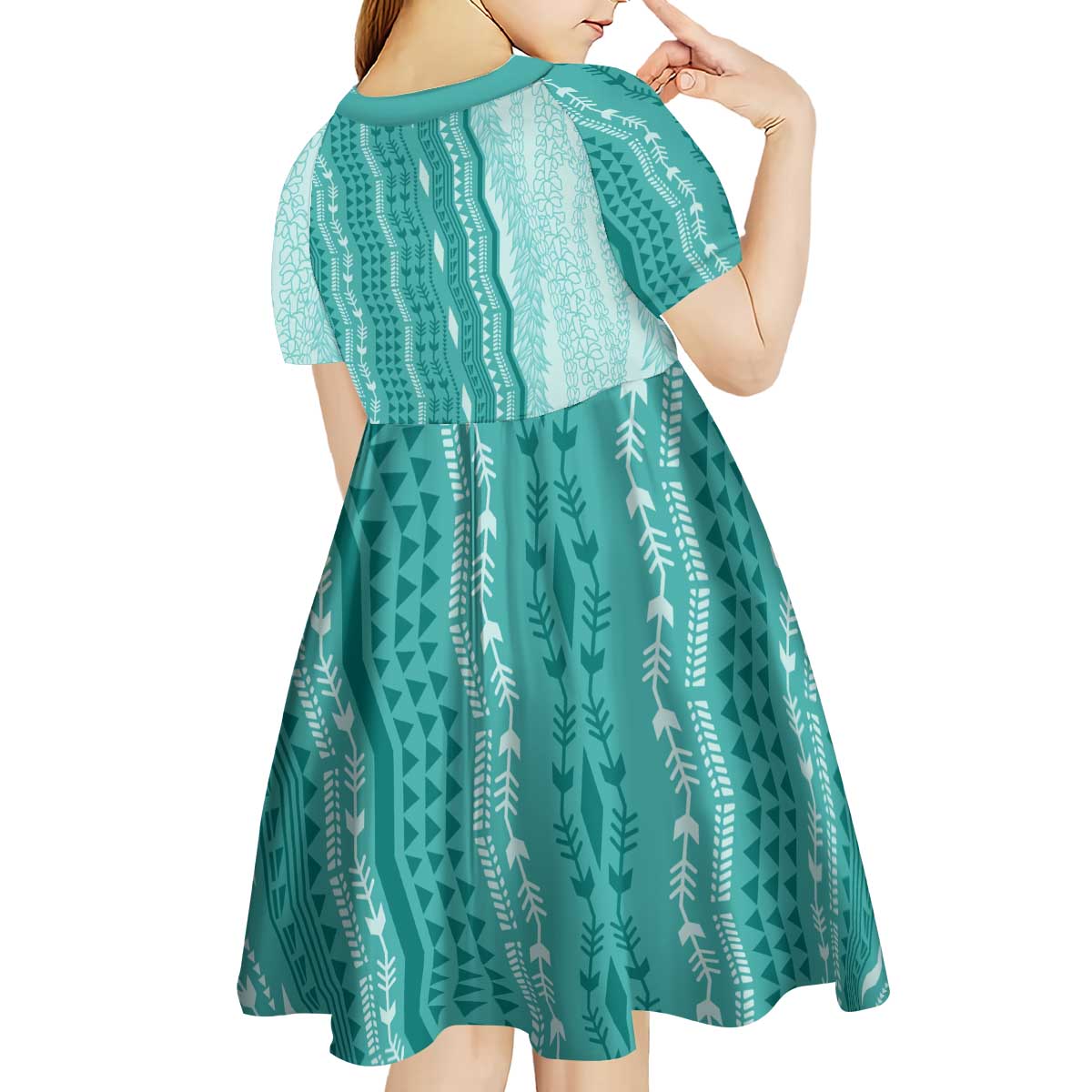 Vintage Teal Hawaiian Traditional Kapa Mix Flowers Lei Kid Short Sleeve Dress LT7 - Polynesian Pride