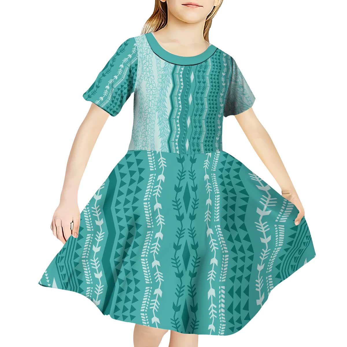 Vintage Teal Hawaiian Traditional Kapa Mix Flowers Lei Kid Short Sleeve Dress LT7 - Polynesian Pride