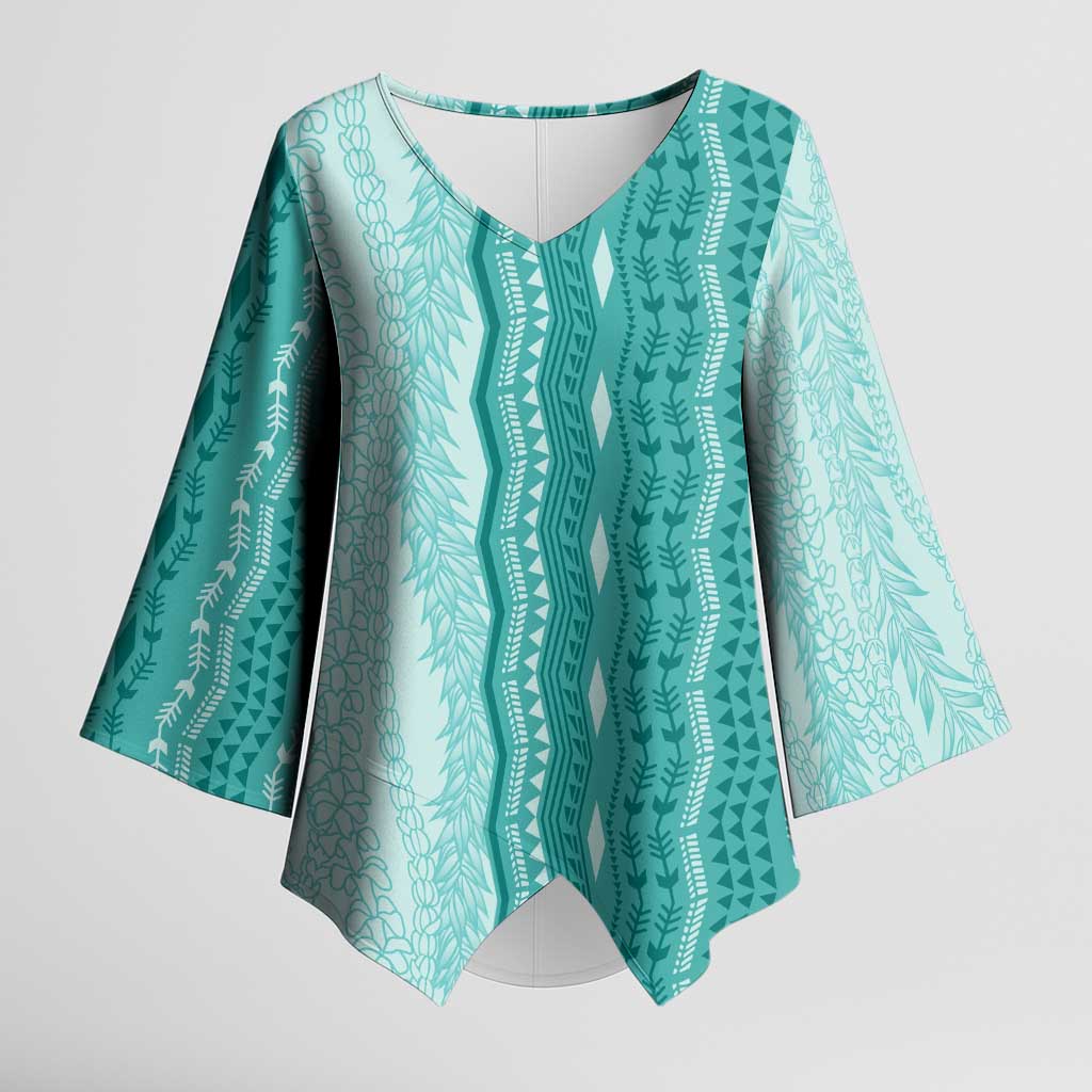 Vintage Teal Hawaiian Traditional Kapa Mix Flowers Lei Kimono Sleeve Blouse