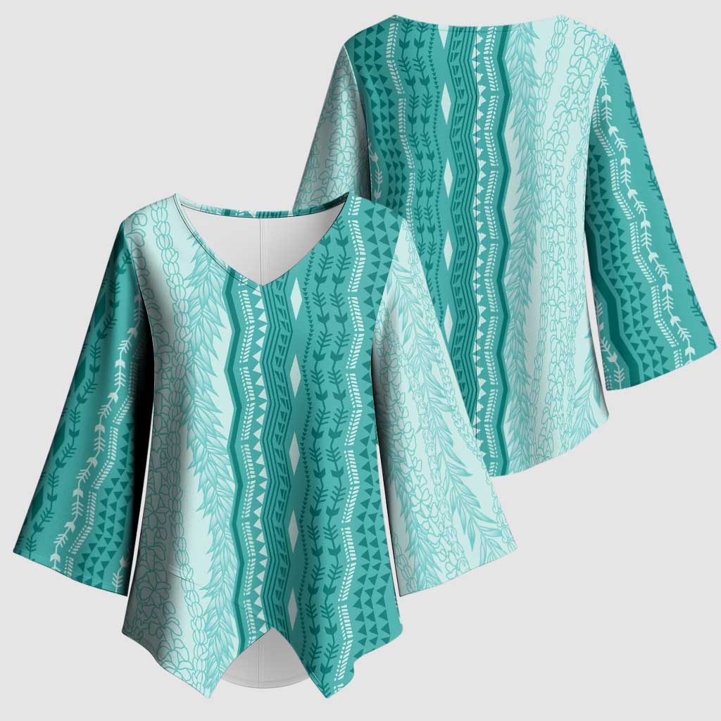 Vintage Teal Hawaiian Traditional Kapa Mix Flowers Lei Kimono Sleeve Blouse