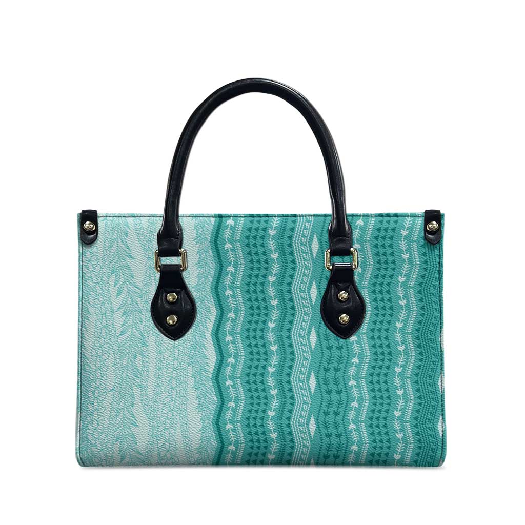 Vintage Teal Hawaiian Traditional Kapa Mix Flowers Lei Leather Bag