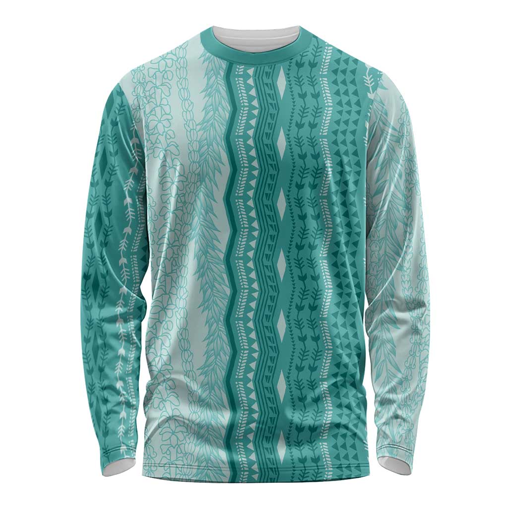 Vintage Teal Hawaiian Traditional Kapa Mix Flowers Lei Long Sleeve Shirt LT7 Unisex Teal - Polynesian Pride