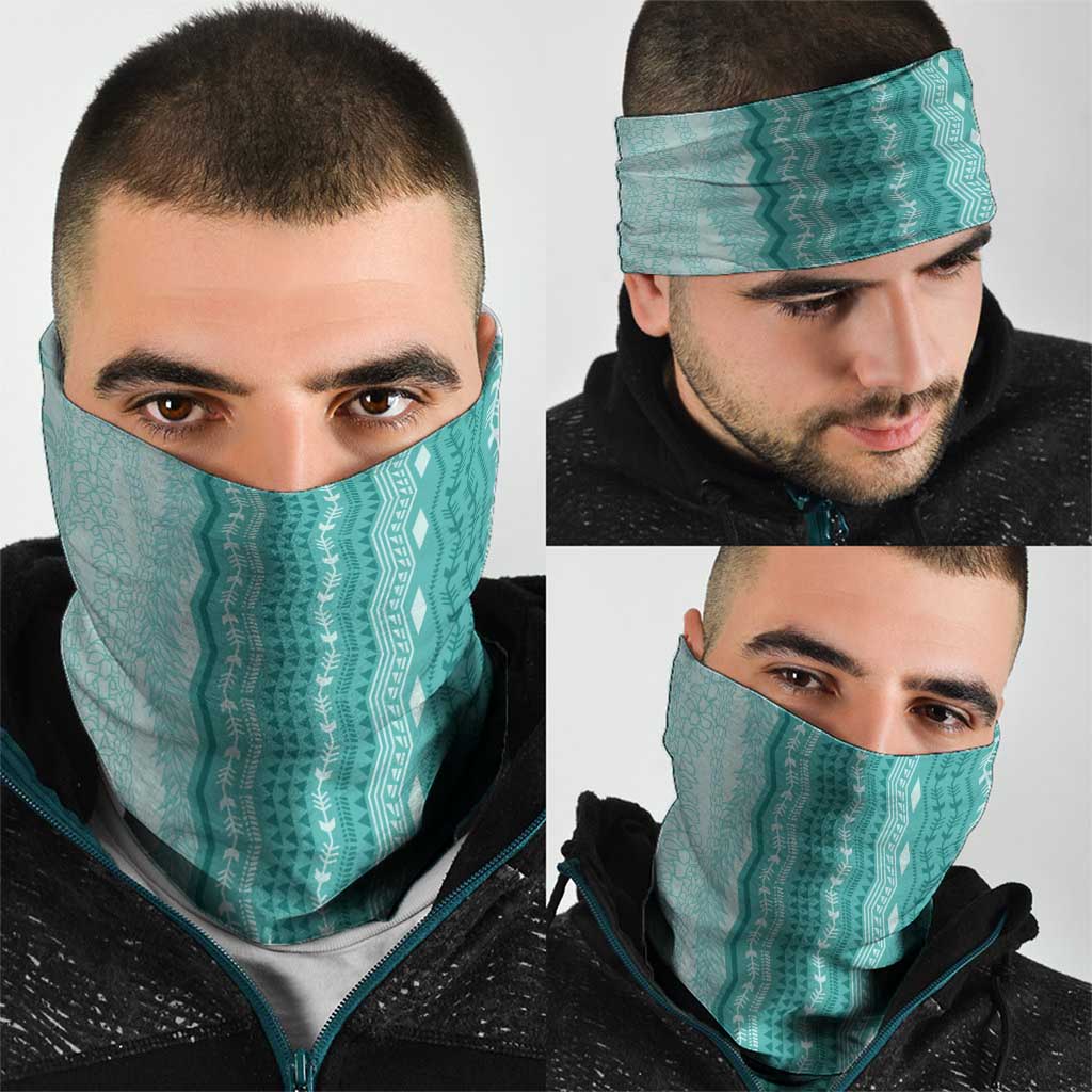 Vintage Teal Hawaiian Traditional Kapa Mix Flowers Lei Neck Gaiter
