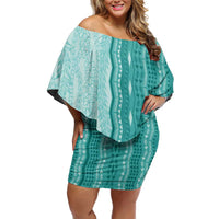 Vintage Teal Hawaiian Traditional Kapa Mix Flowers Lei Off Shoulder Short Dress LT7 Women Teal - Polynesian Pride