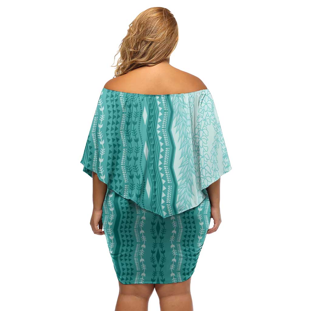 Vintage Teal Hawaiian Traditional Kapa Mix Flowers Lei Off Shoulder Short Dress LT7 - Polynesian Pride