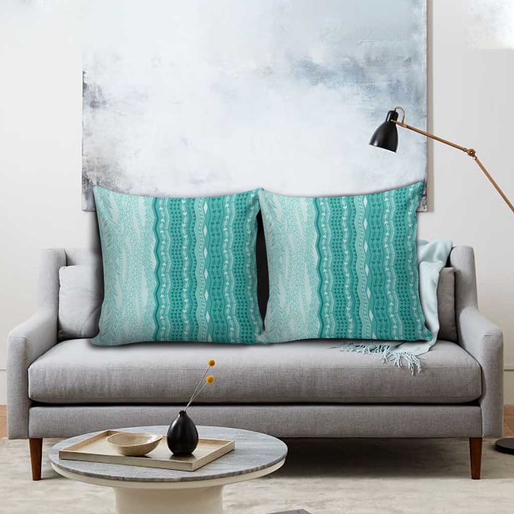 Vintage Teal Hawaiian Traditional Kapa Mix Flowers Lei Pillow Cover