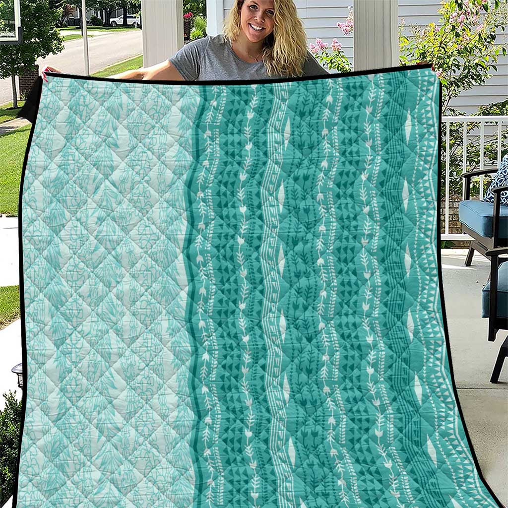 Vintage Teal Hawaiian Traditional Kapa Mix Flowers Lei Quilt