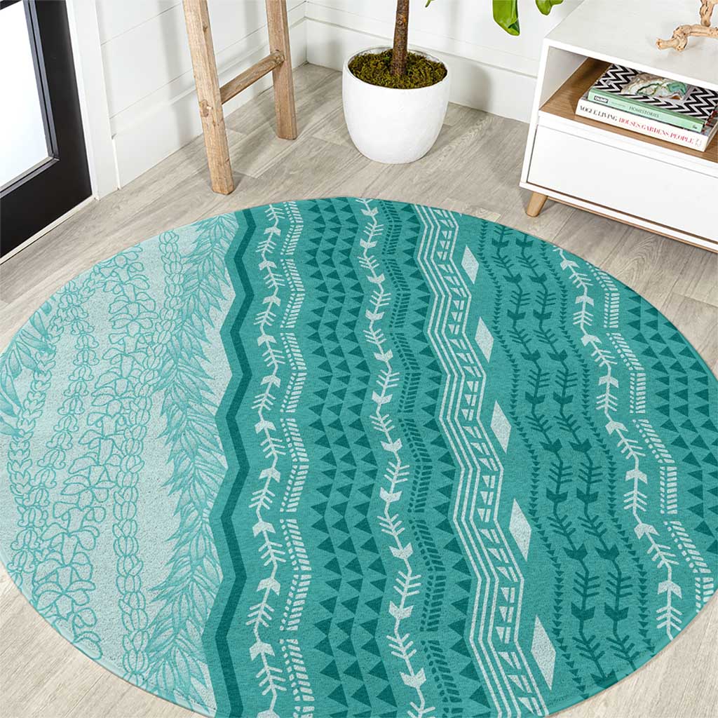Vintage Teal Hawaiian Traditional Kapa Mix Flowers Lei Round Carpet