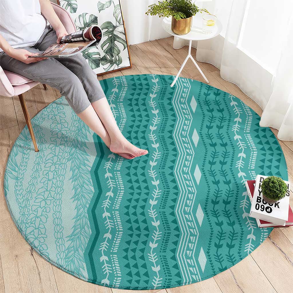 Vintage Teal Hawaiian Traditional Kapa Mix Flowers Lei Round Carpet