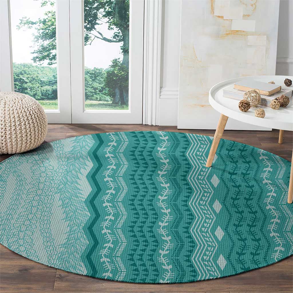 Vintage Teal Hawaiian Traditional Kapa Mix Flowers Lei Round Carpet