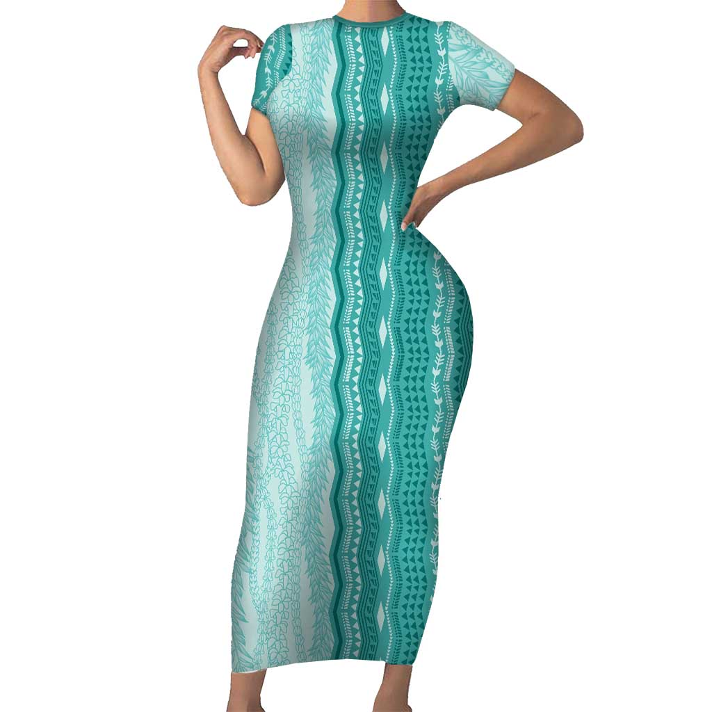 Vintage Teal Hawaiian Traditional Kapa Mix Flowers Lei Short Sleeve Bodycon Dress