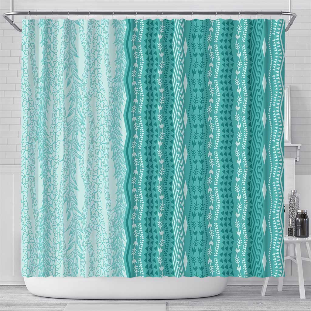 Vintage Teal Hawaiian Traditional Kapa Mix Flowers Lei Shower Curtain