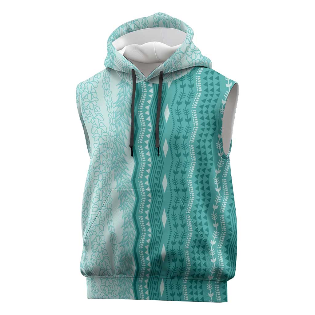 Vintage Teal Hawaiian Traditional Kapa Mix Flowers Lei Sleeveless Hoodie LT7 Teal - Polynesian Pride