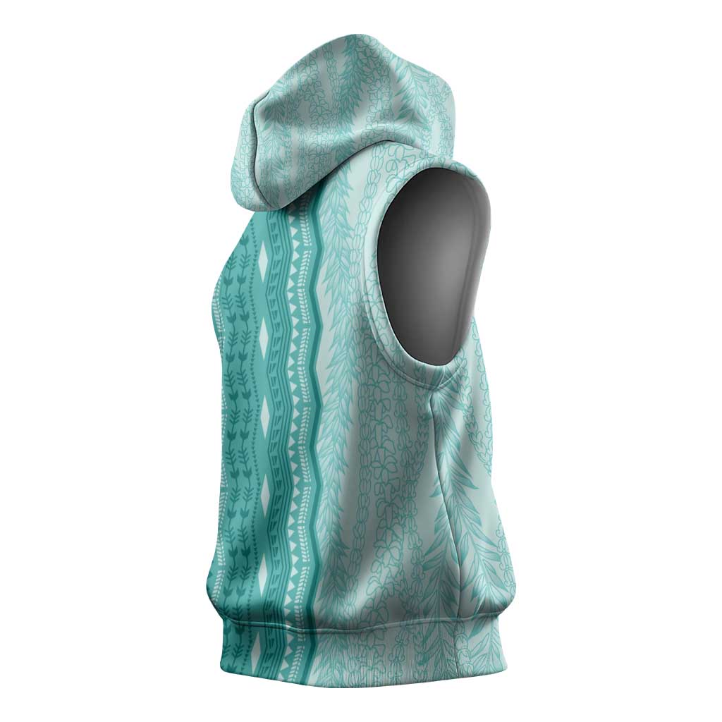Vintage Teal Hawaiian Traditional Kapa Mix Flowers Lei Sleeveless Hoodie LT7 - Polynesian Pride