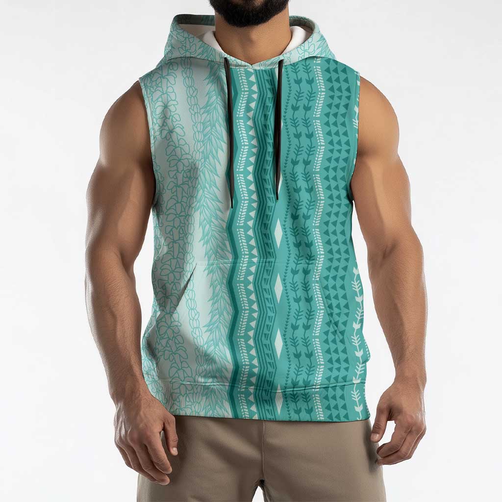 Vintage Teal Hawaiian Traditional Kapa Mix Flowers Lei Sleeveless Hoodie LT7 - Polynesian Pride