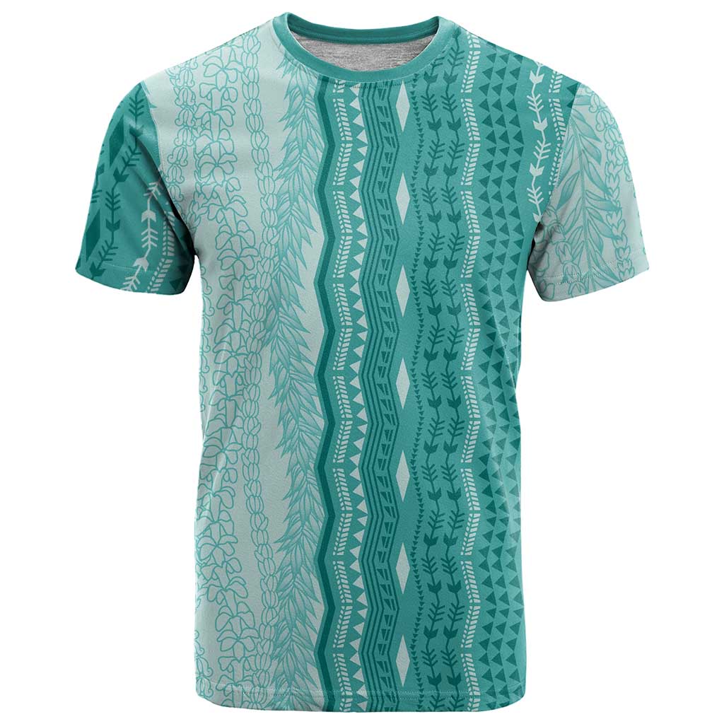 Vintage Teal Hawaiian Traditional Kapa Mix Flowers Lei T Shirt