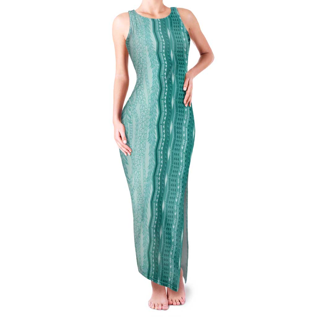 Vintage Teal Hawaiian Traditional Kapa Mix Flowers Lei Tank Maxi Dress LT7 Women Teal - Polynesian Pride