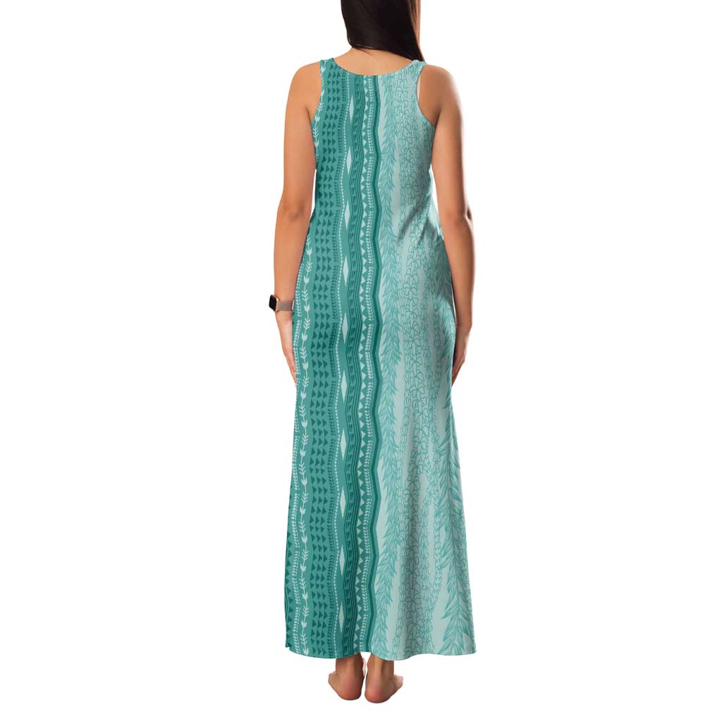 Vintage Teal Hawaiian Traditional Kapa Mix Flowers Lei Tank Maxi Dress LT7 - Polynesian Pride