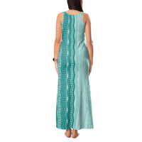 Vintage Teal Hawaiian Traditional Kapa Mix Flowers Lei Tank Maxi Dress LT7 - Polynesian Pride