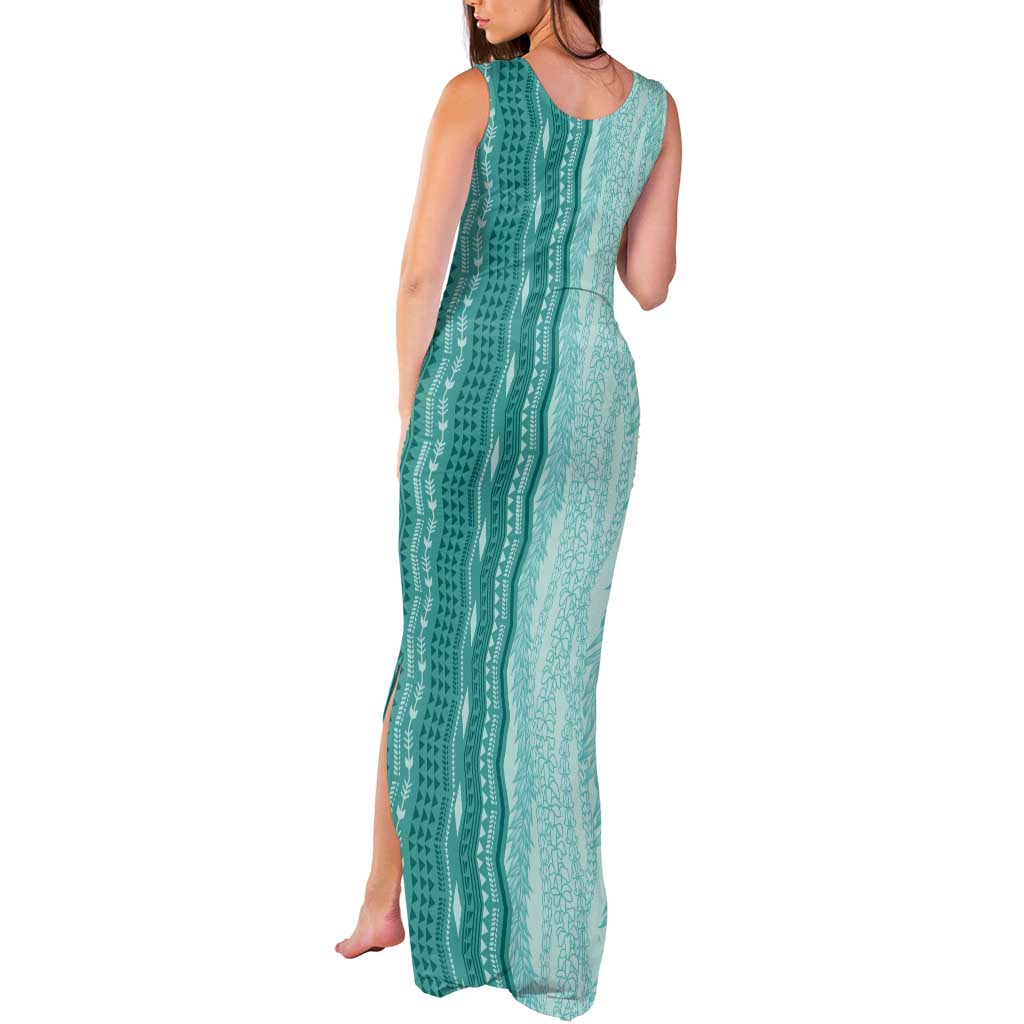 Vintage Teal Hawaiian Traditional Kapa Mix Flowers Lei Tank Maxi Dress LT7 - Polynesian Pride