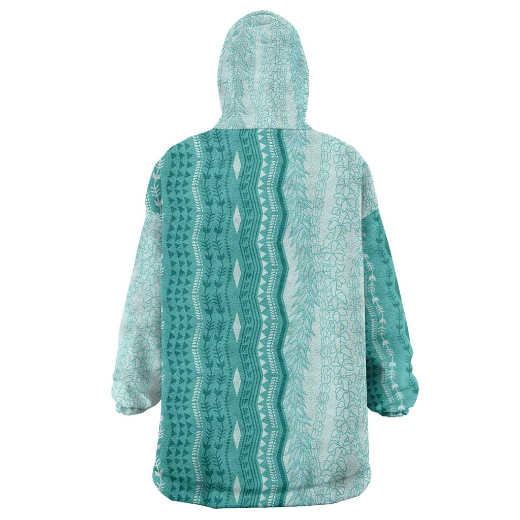 Vintage Teal Hawaiian Traditional Kapa Mix Flowers Lei Wearable Blanket Hoodie