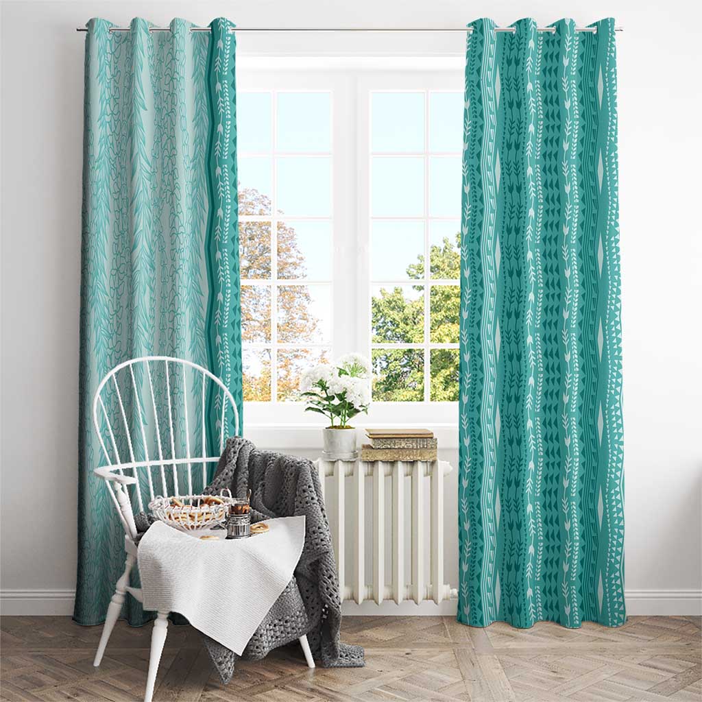 Vintage Teal Hawaiian Traditional Kapa Mix Flowers Lei Window Curtain