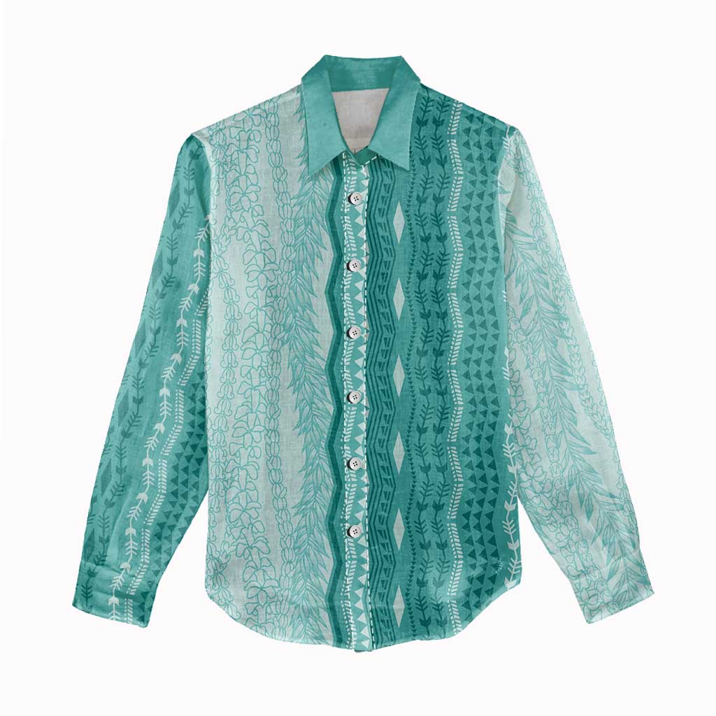 Vintage Teal Hawaiian Traditional Kapa Mix Flowers Lei Women Casual Shirt