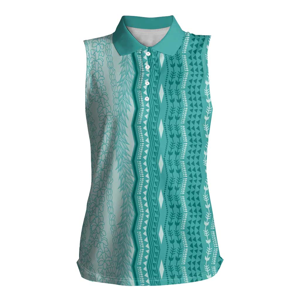 Vintage Teal Hawaiian Traditional Kapa Mix Flowers Lei Women Sleeveless Polo Shirt