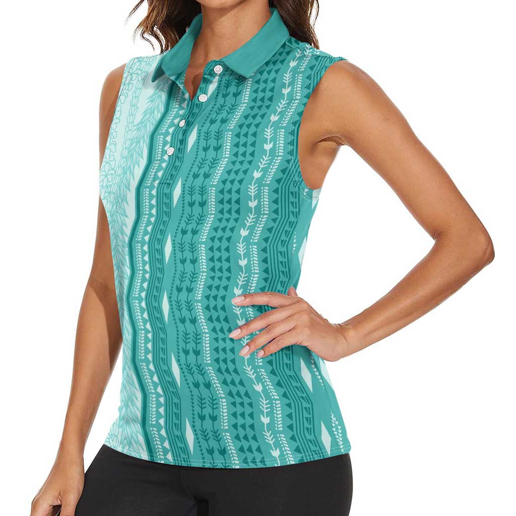 Vintage Teal Hawaiian Traditional Kapa Mix Flowers Lei Women Sleeveless Polo Shirt