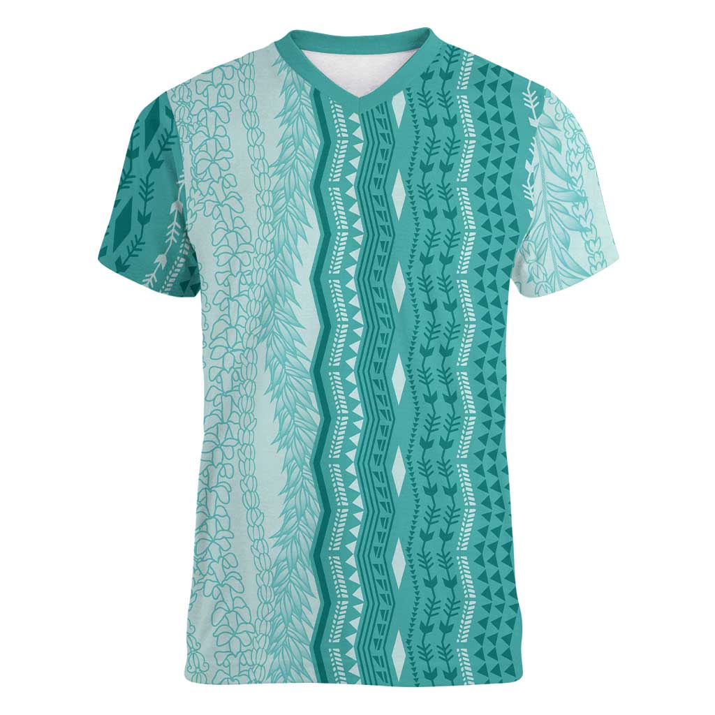 Vintage Teal Hawaiian Traditional Kapa Mix Flowers Lei Women V-Neck T-Shirt