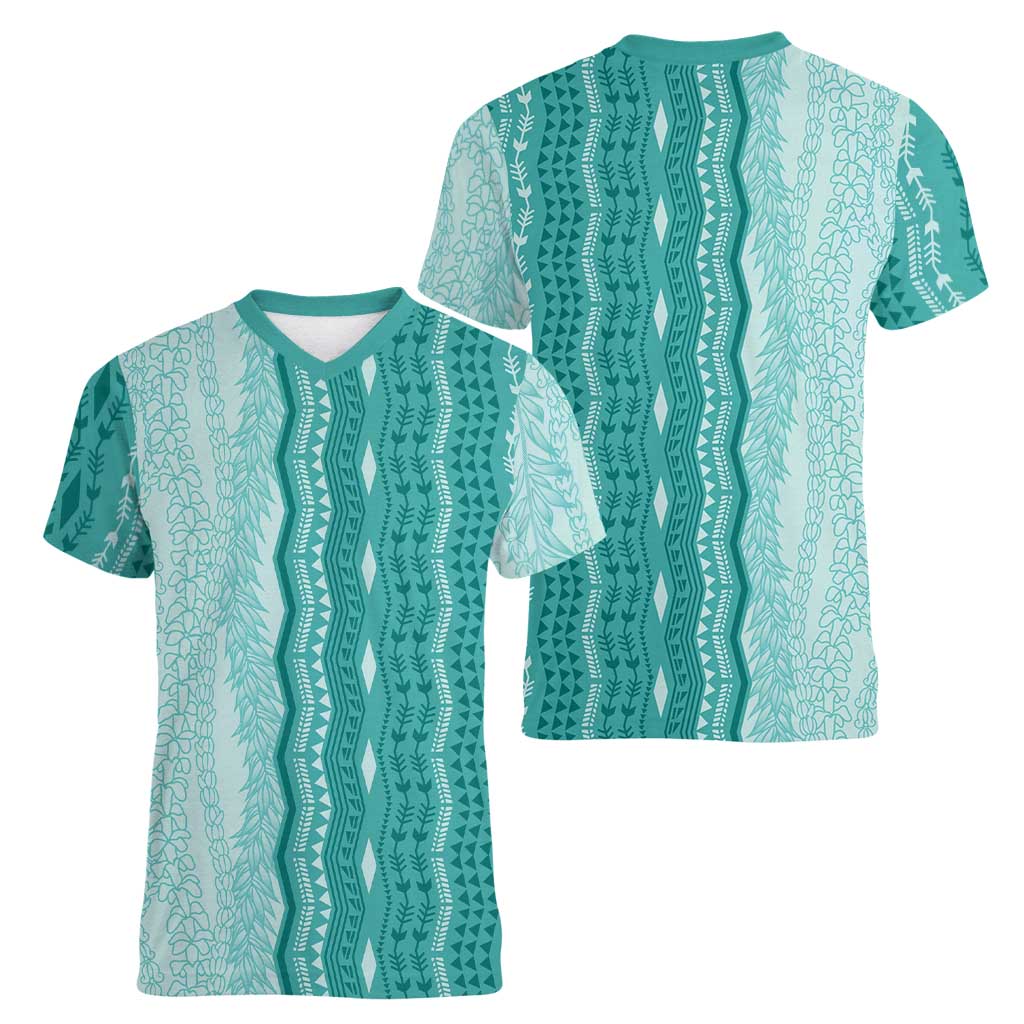 Vintage Teal Hawaiian Traditional Kapa Mix Flowers Lei Women V-Neck T-Shirt