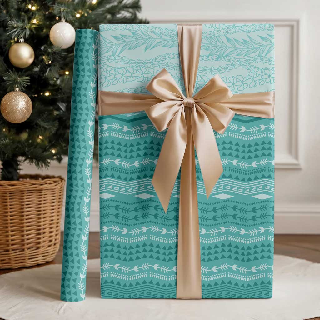 Vintage Teal Hawaiian Traditional Kapa Mix Flowers Lei Wrapping Paper