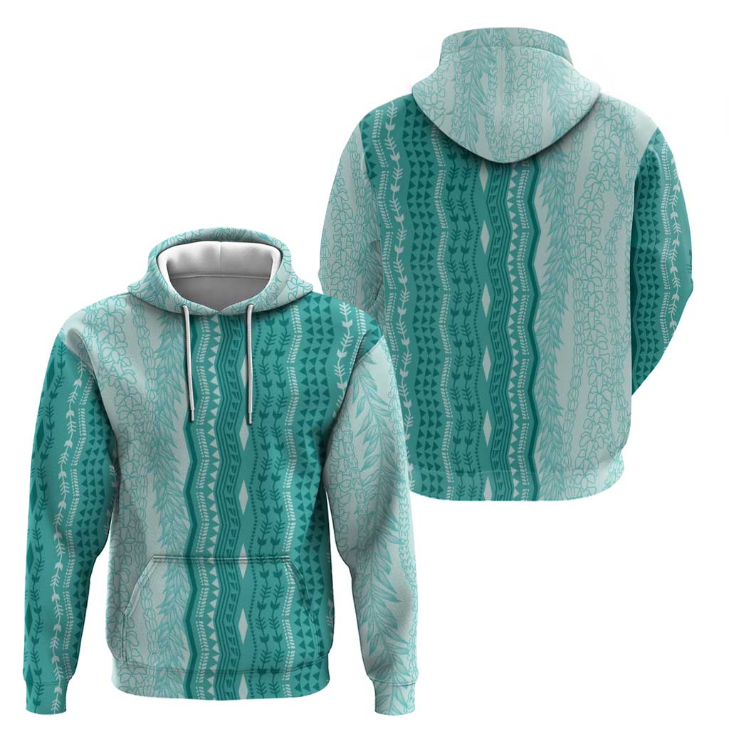 Vintage Teal Hawaiian Traditional Kapa Mix Flowers Lei Zip Hoodie