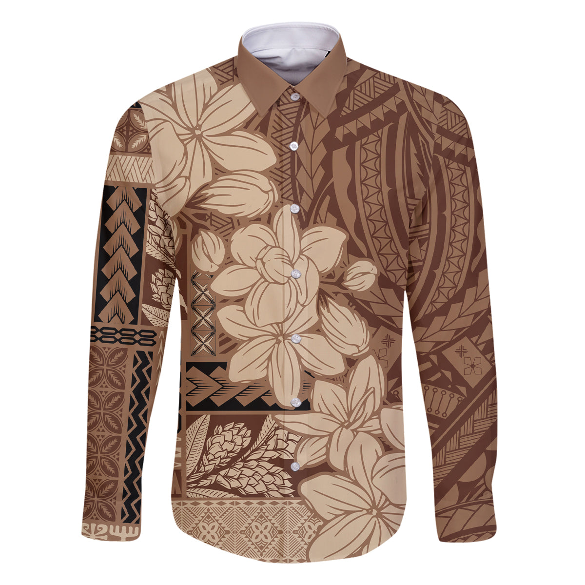 Samoa Women's Day Family Matching Mermaid Dress and Hawaiian Shirt Tiale Flower Mix Siapo Tapa LT7 Dad's Shirt - Long Sleeve Beige - Polynesian Pride