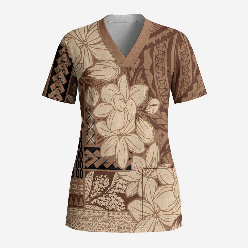 Samoa Women's Day Scrub Top Tiale Flower Mix Siapo Tapa LT7 Adult Beige - Polynesian Pride