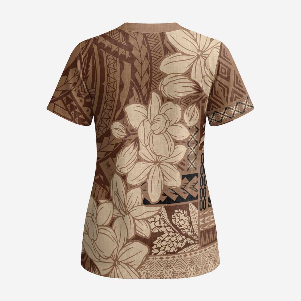 Samoa Women's Day Scrub Top Tiale Flower Mix Siapo Tapa LT7 - Polynesian Pride