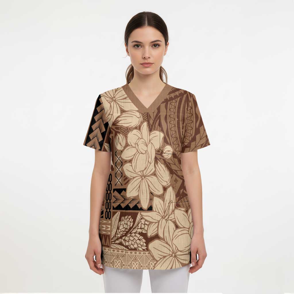 Samoa Women's Day Scrub Top Tiale Flower Mix Siapo Tapa LT7 - Polynesian Pride