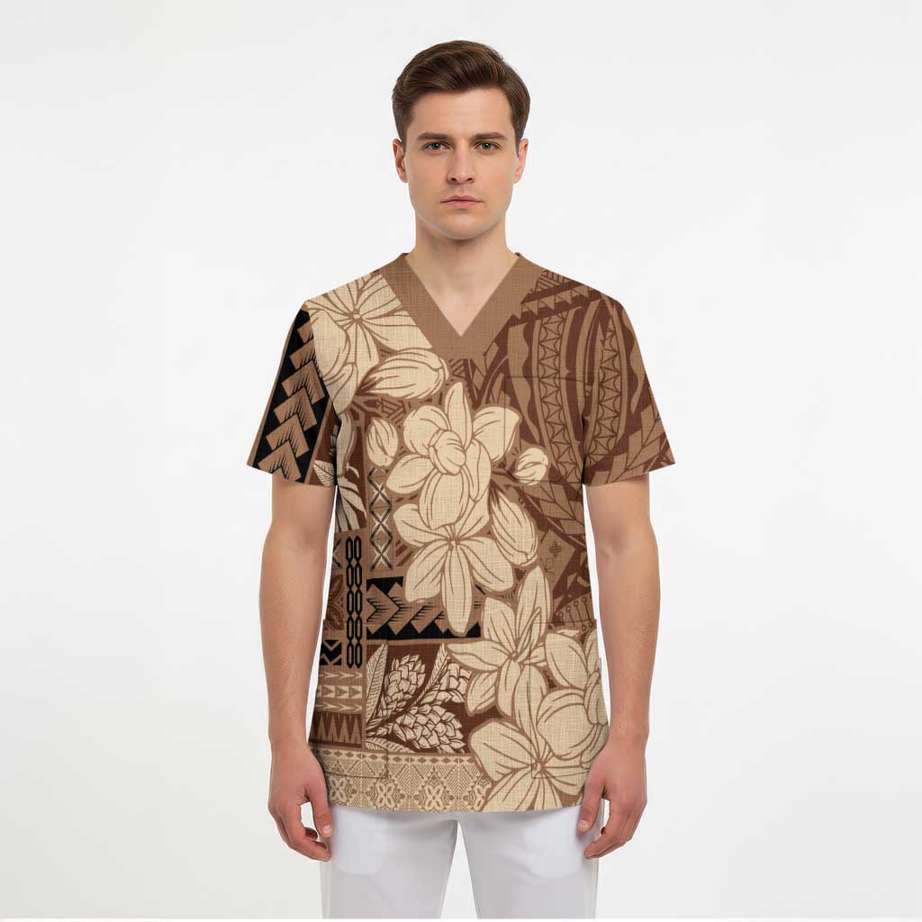 Samoa Women's Day Scrub Top Tiale Flower Mix Siapo Tapa LT7 - Polynesian Pride