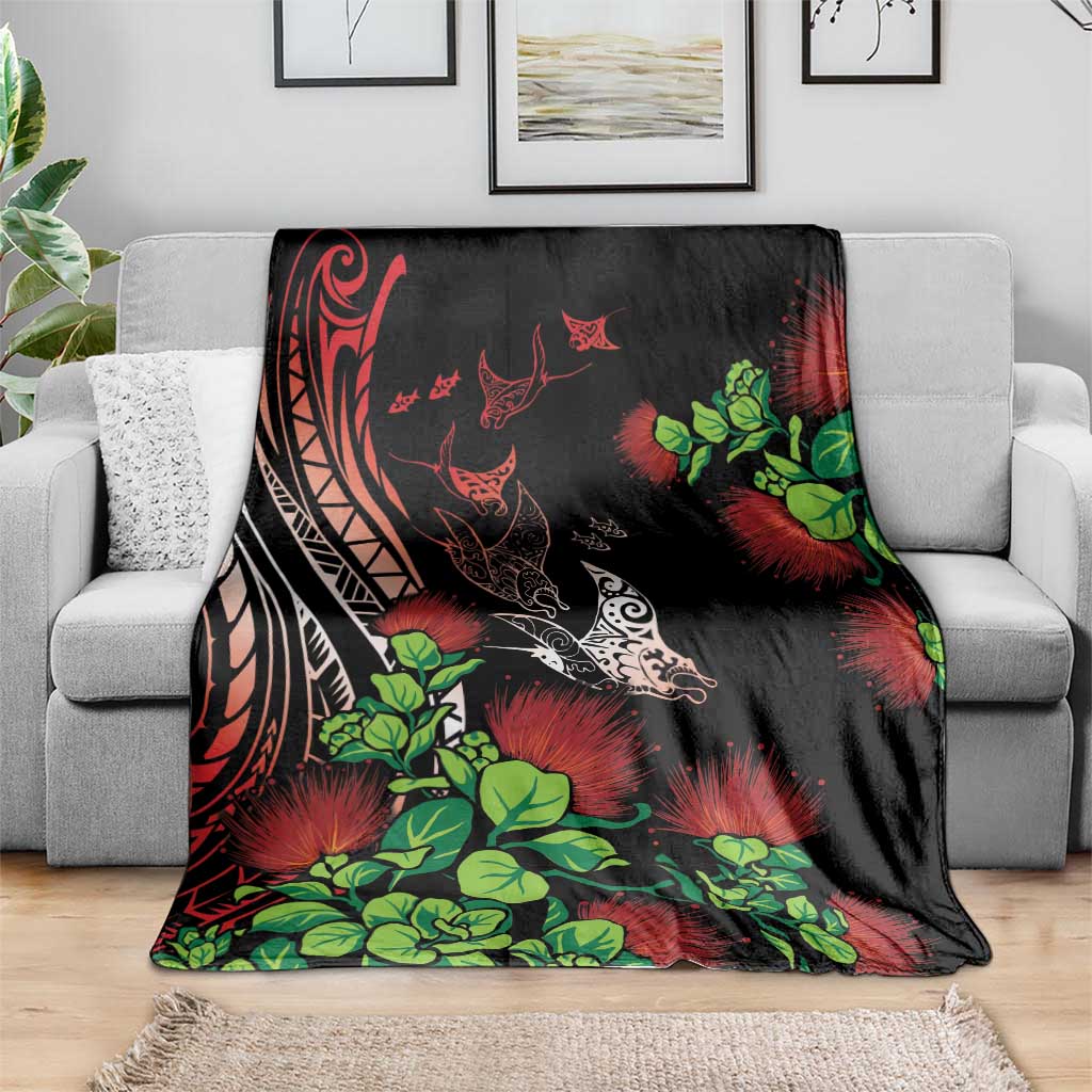 Aloha Hawaii Manta Rays Blanket Red Ohia Lehua