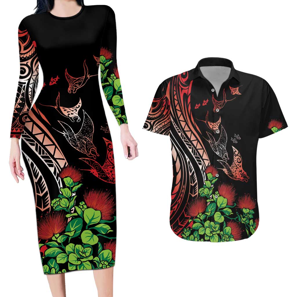 Aloha Hawaii Manta Rays Couples Matching Long Sleeve Bodycon Dress and Hawaiian Shirt Red Ohia Lehua